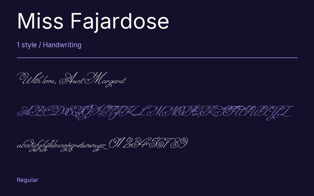 Miss Fajardose type specimen with letters and figures