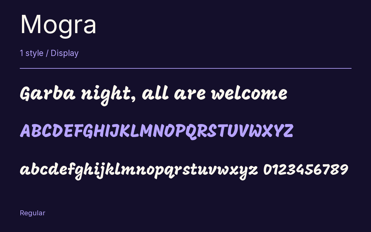 Mogra type specimen with letters and figures