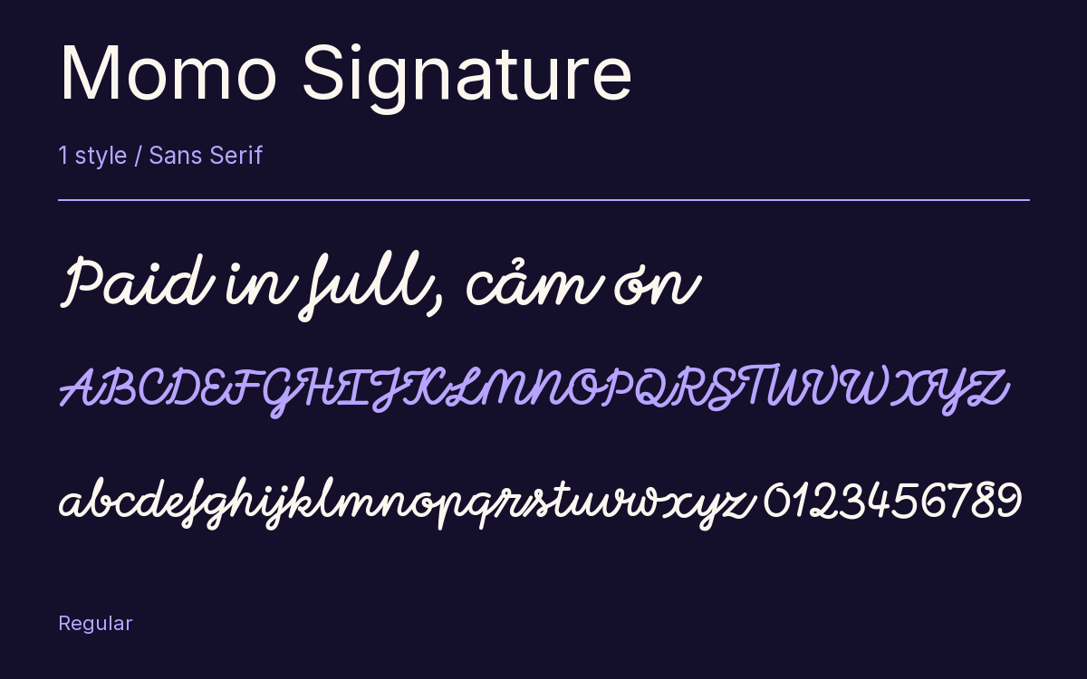 Momo Signature type specimen with letters and figures