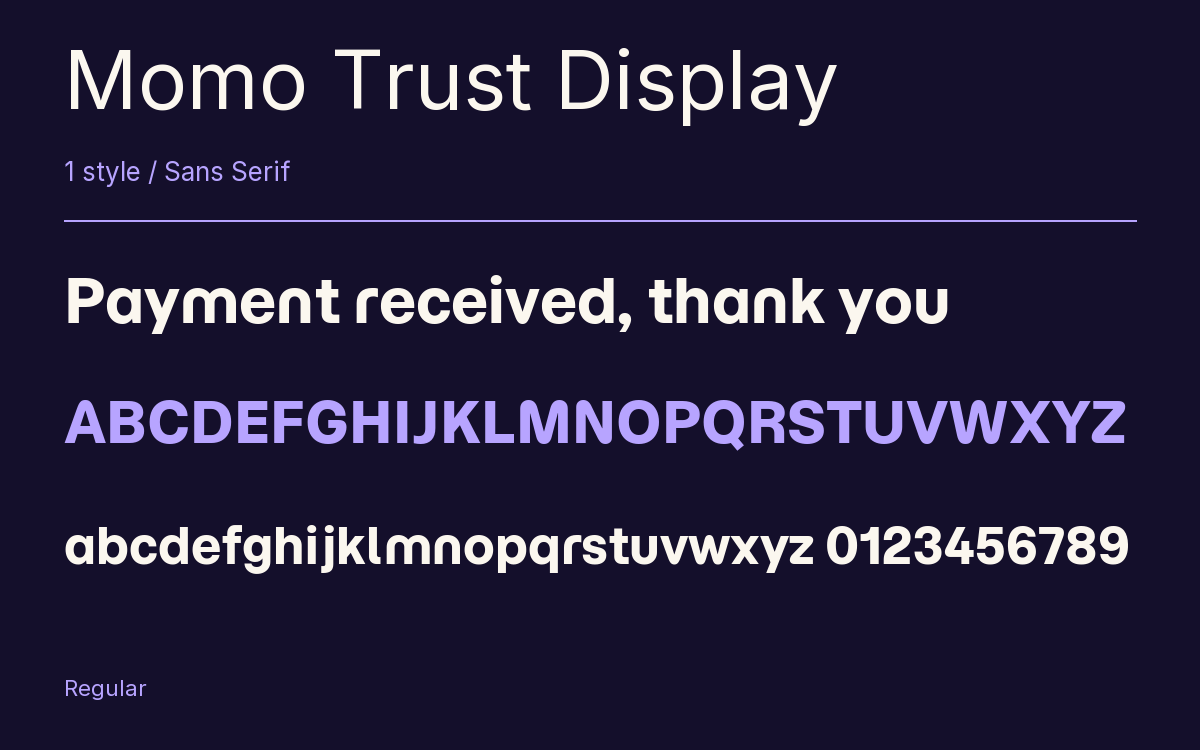 Momo Trust Display type specimen with letters and figures