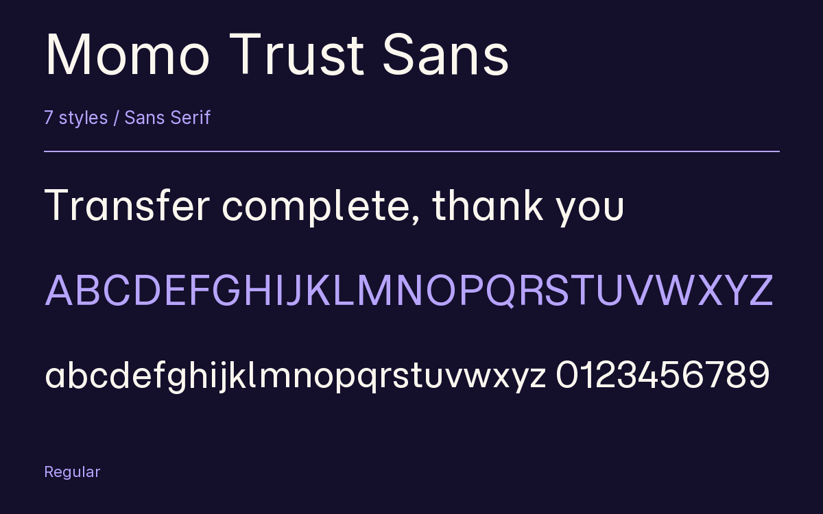 Momo Trust Sans type specimen with letters and figures