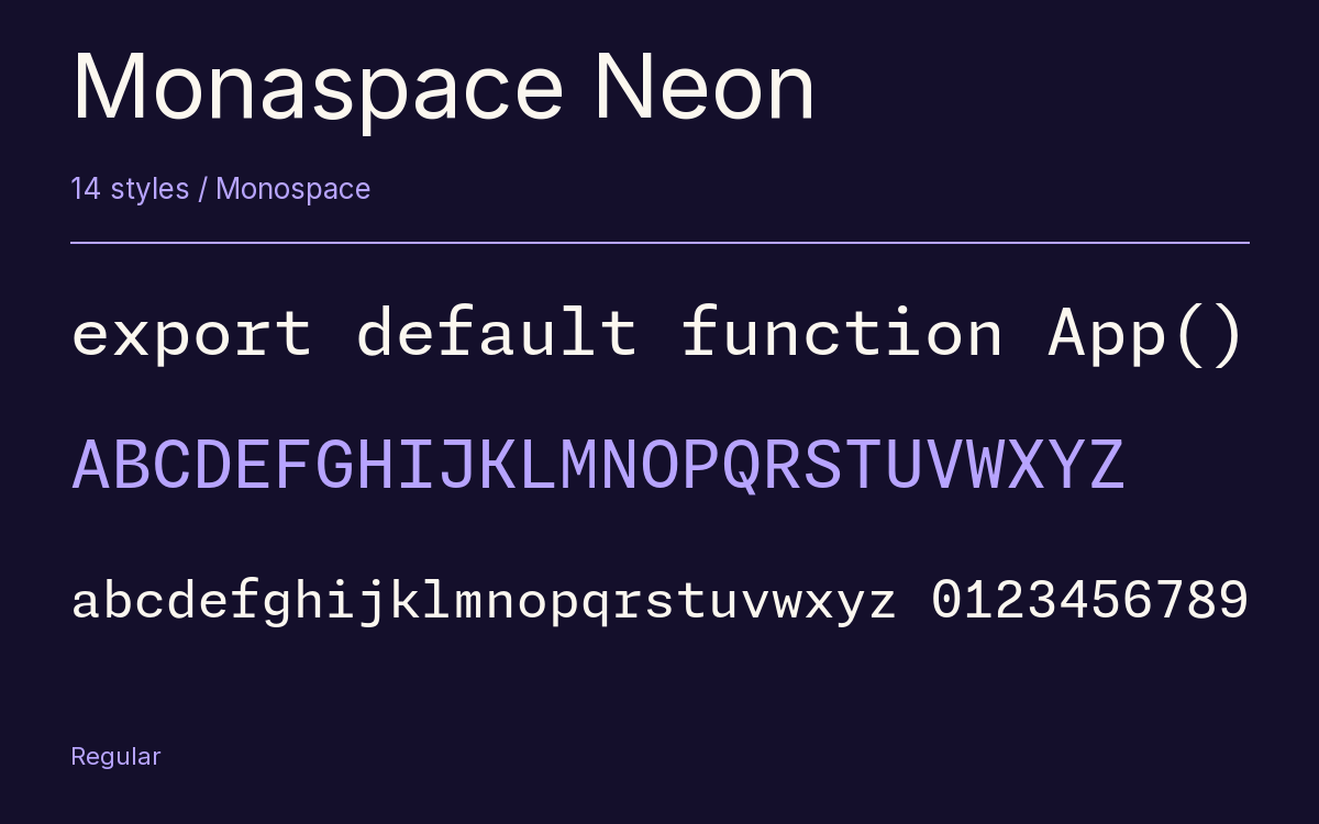 Monaspace Neon type specimen with letters and figures