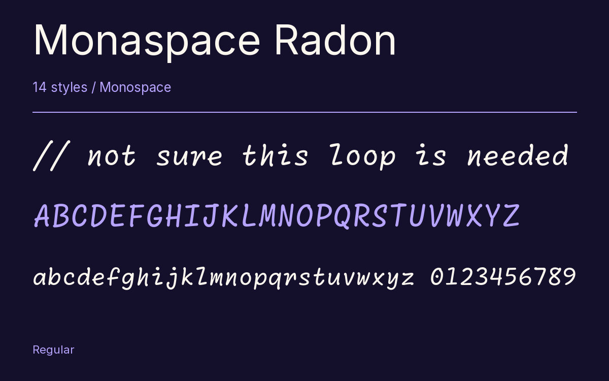 Monaspace Radon type specimen with letters and figures