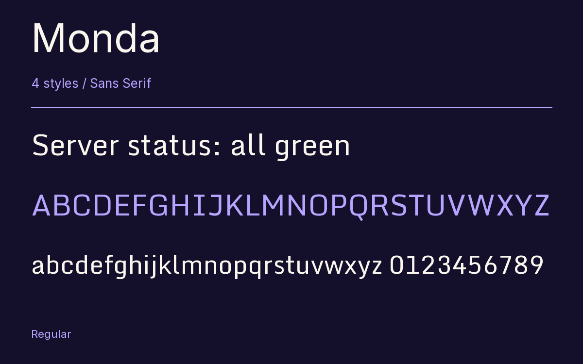 Monda type specimen with letters and figures