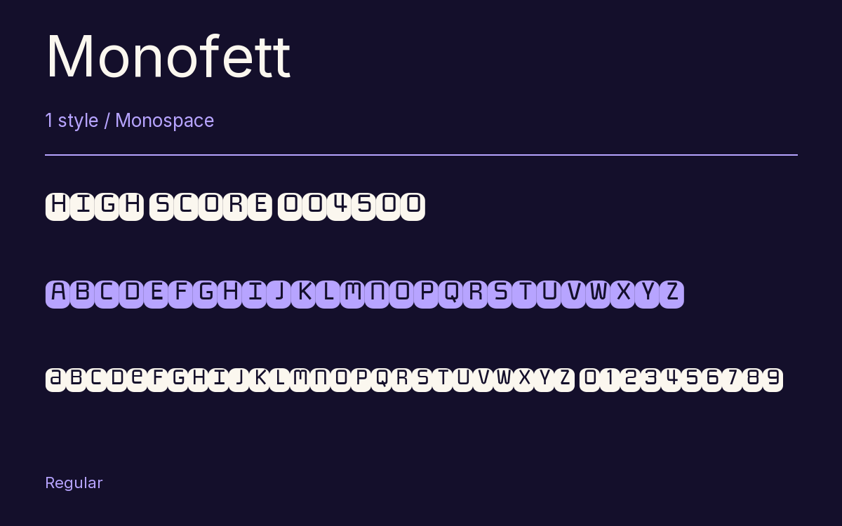 Monofett type specimen with letters and figures
