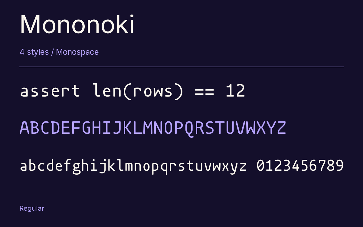 Mononoki type specimen with letters and figures