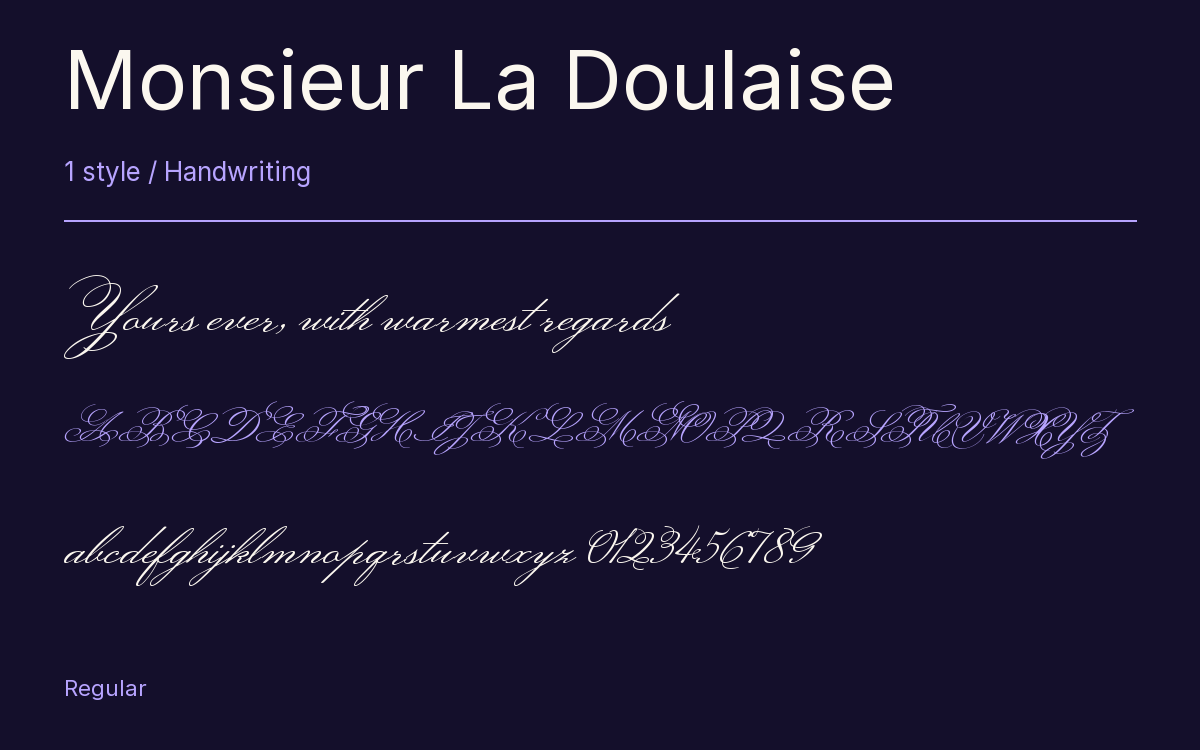 Monsieur La Doulaise type specimen with letters and figures