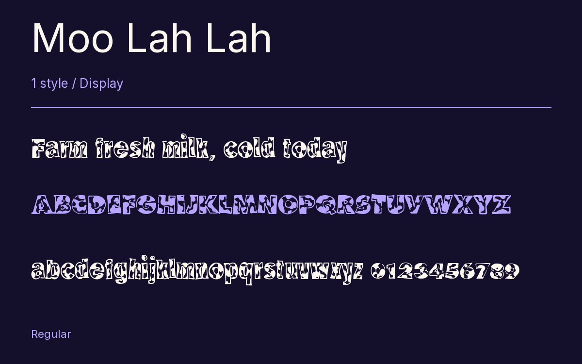 Moo Lah Lah type specimen with letters and figures