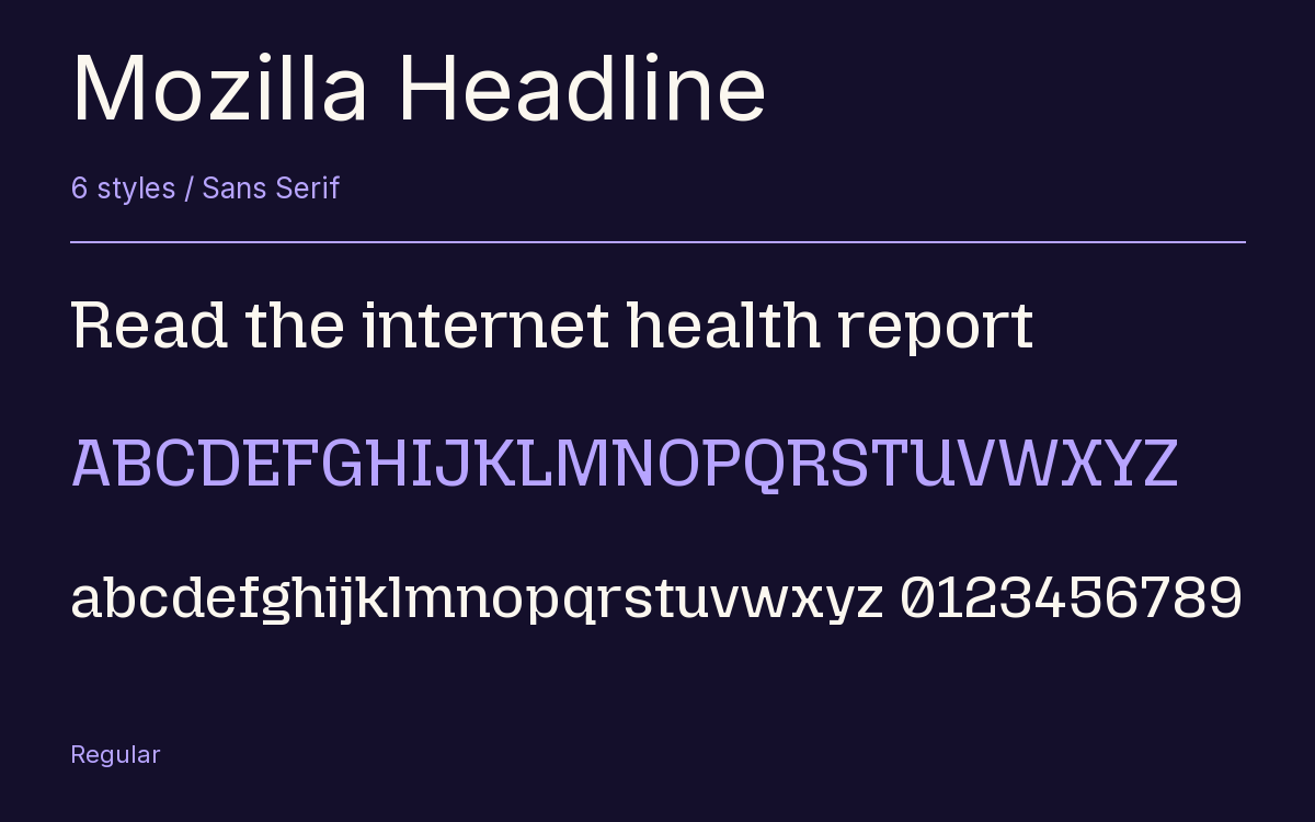 Mozilla Headline type specimen with letters and figures