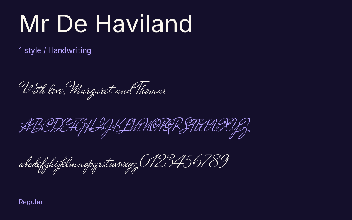 Mr De Haviland type specimen with letters and figures