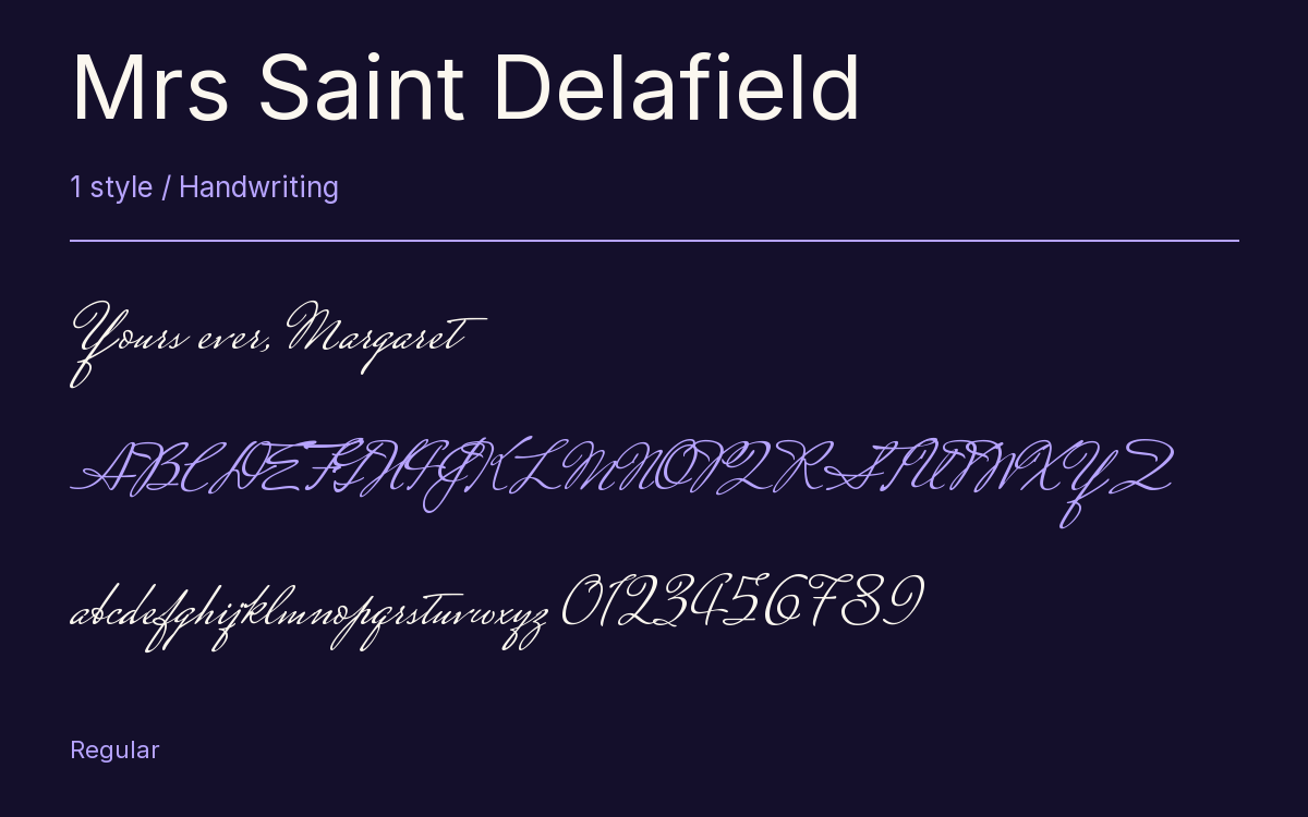 Mrs Saint Delafield type specimen with letters and figures