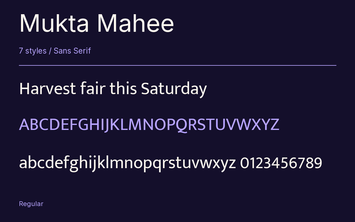 Mukta Mahee type specimen with letters and figures