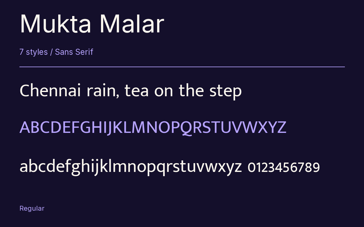 Mukta Malar type specimen with letters and figures