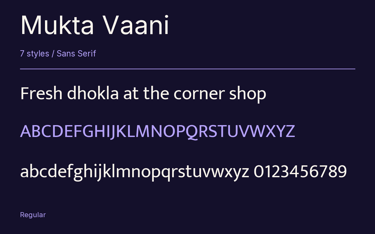 Mukta Vaani type specimen with letters and figures