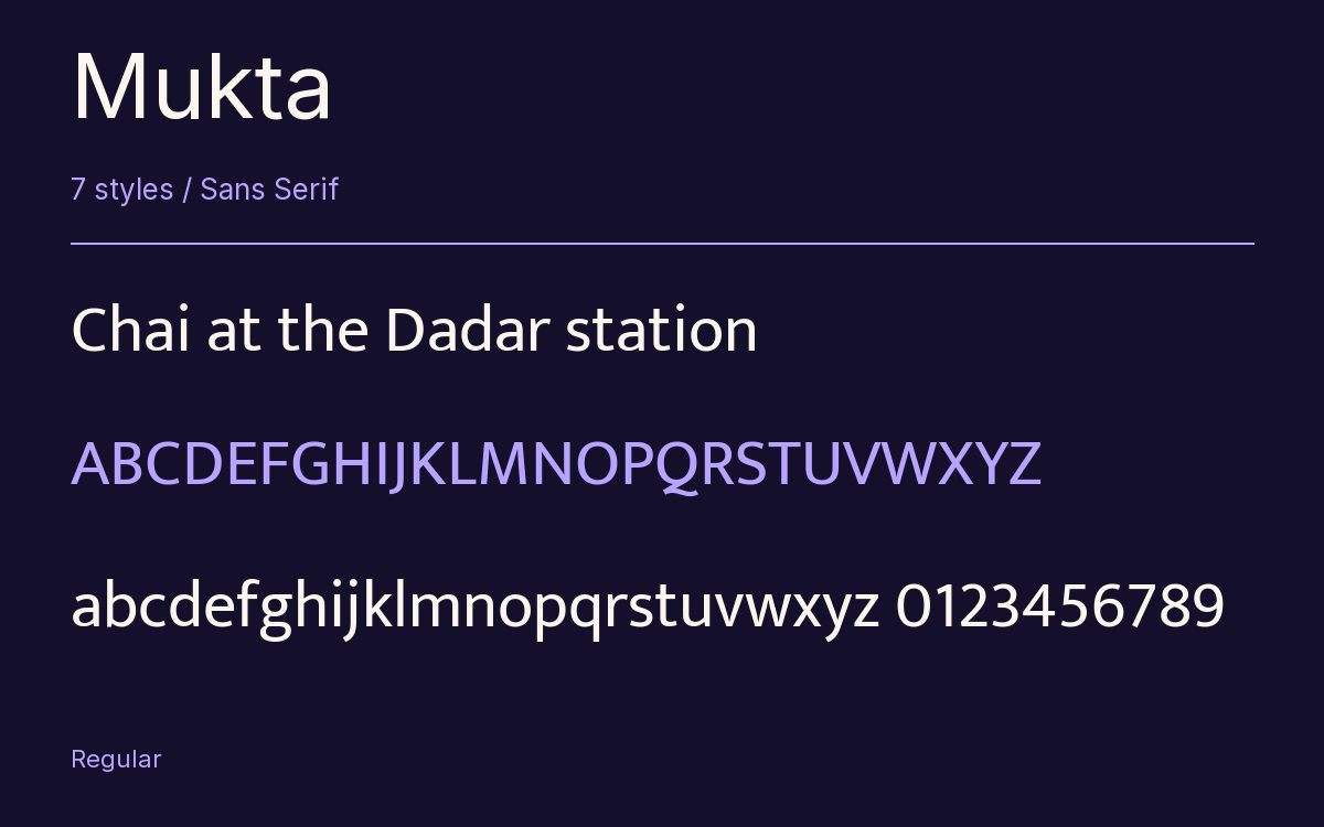 Mukta type specimen with letters and figures