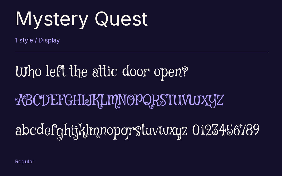 Mystery Quest type specimen with letters and figures