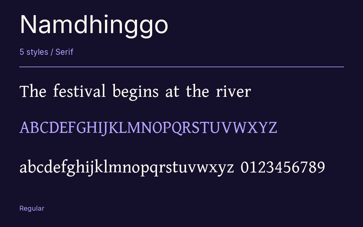 Namdhinggo type specimen with letters and figures