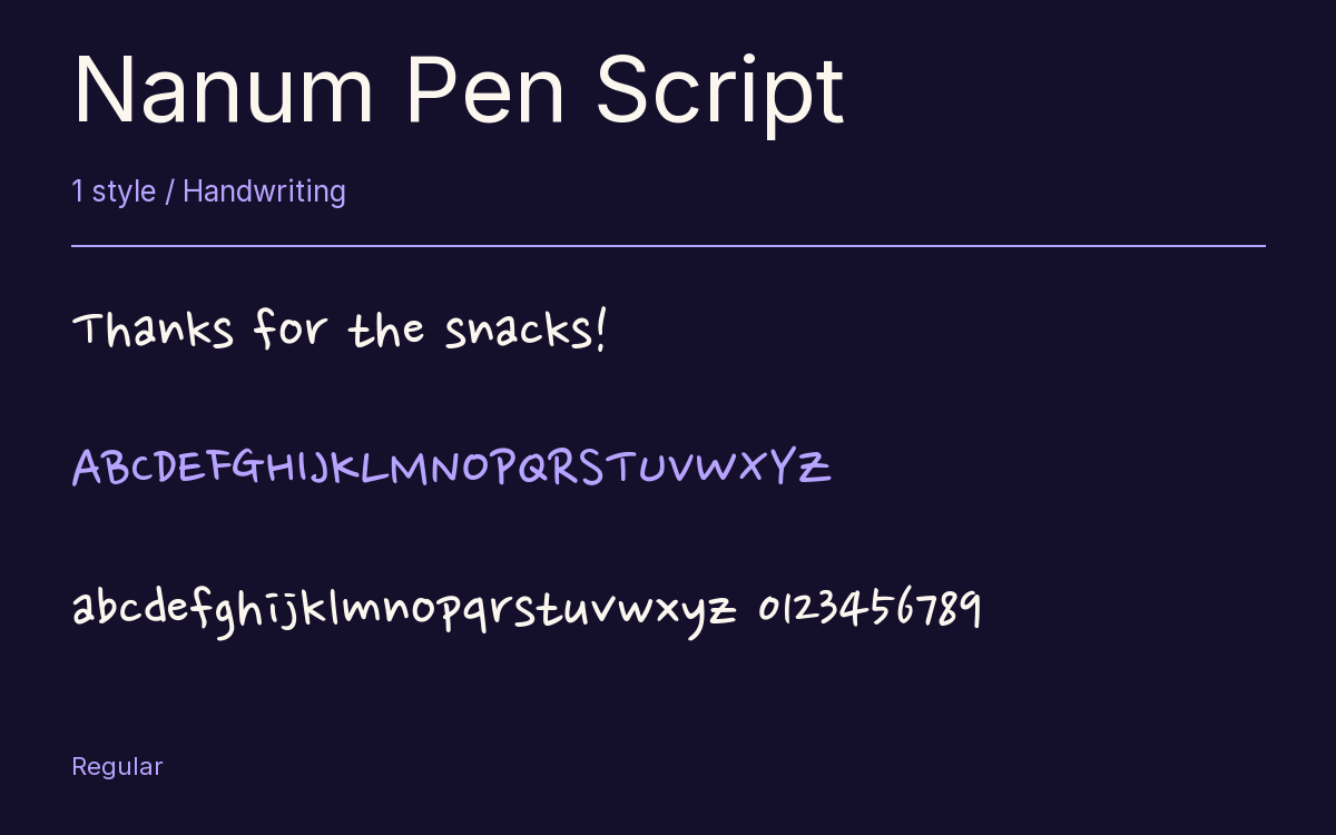 Nanum Pen Script type specimen with letters and figures