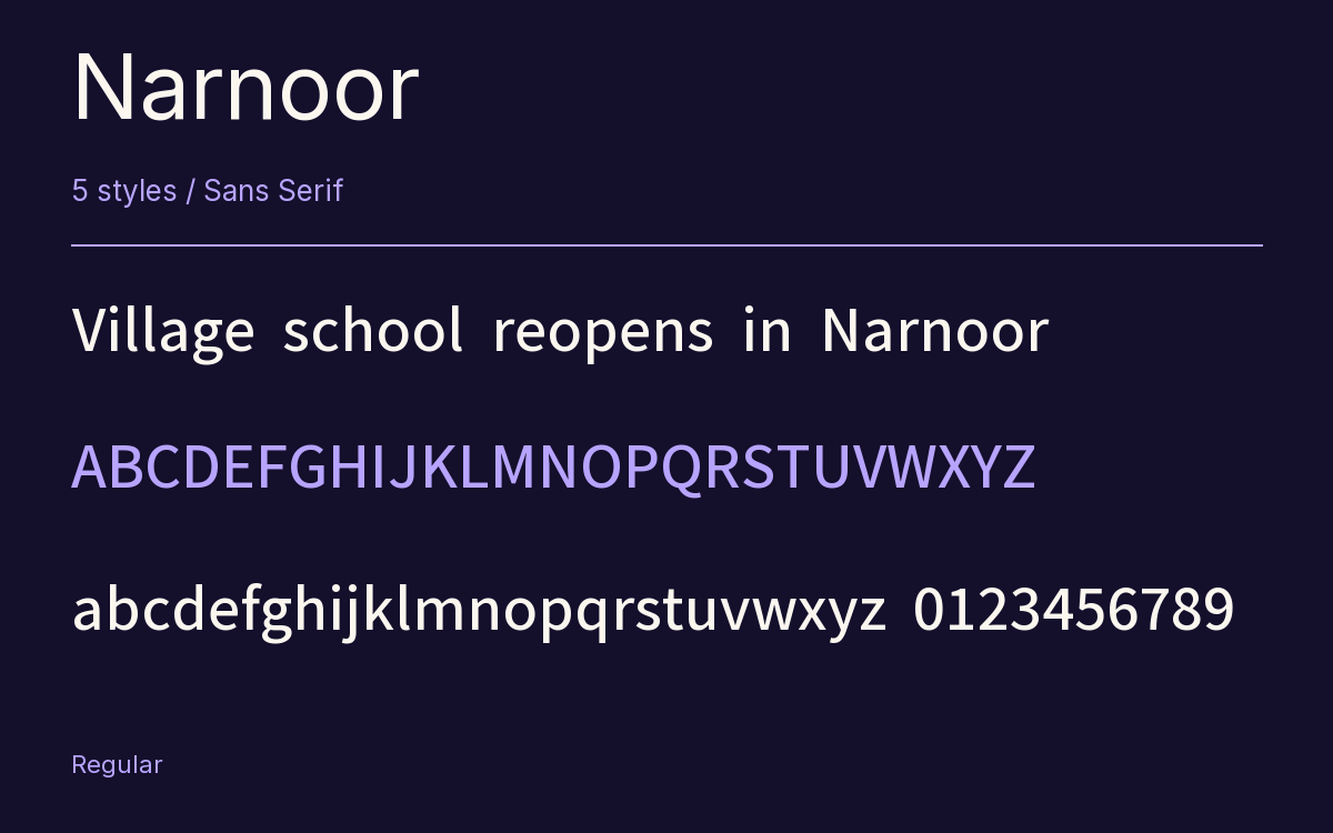 Narnoor type specimen with letters and figures