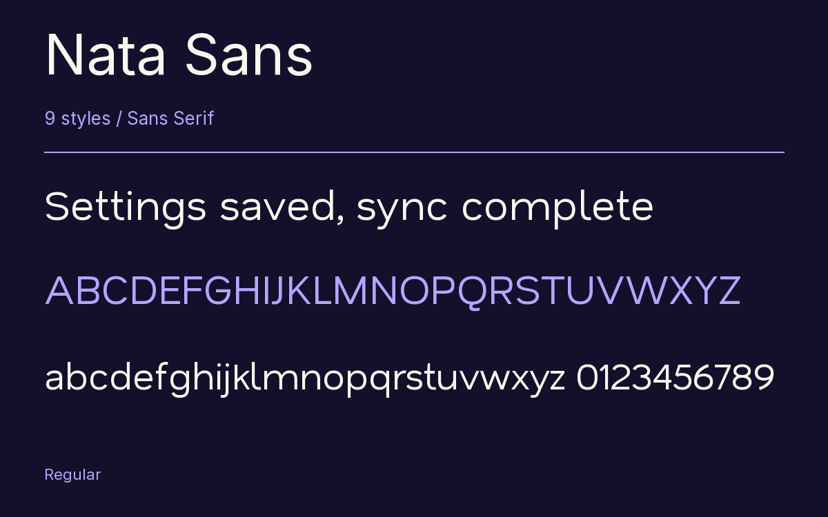 Nata Sans type specimen with letters and figures