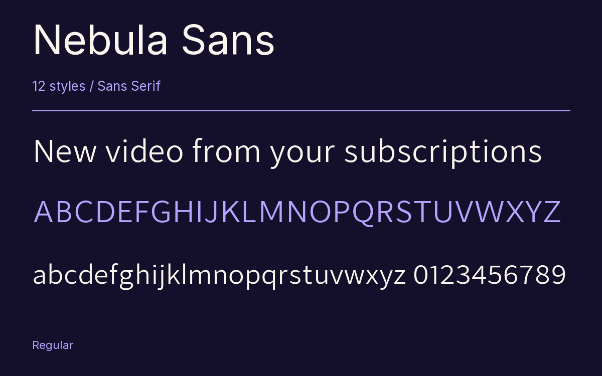 Nebula Sans type specimen with letters and figures