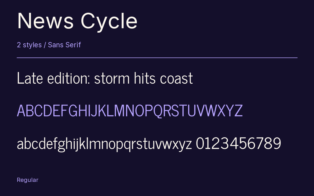 News Cycle type specimen with letters and figures
