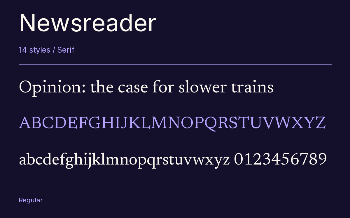 Newsreader type specimen with letters and figures