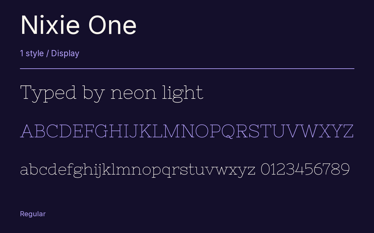 Nixie One type specimen with letters and figures