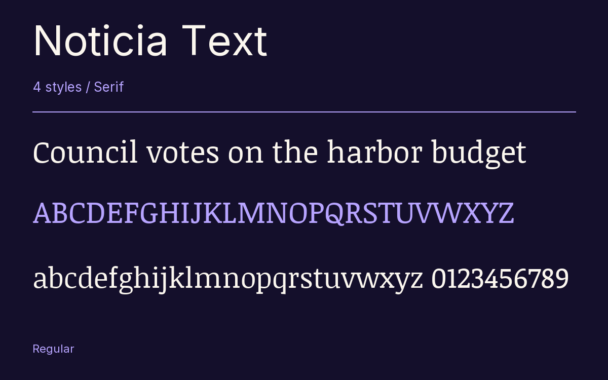 Noticia Text type specimen with letters and figures