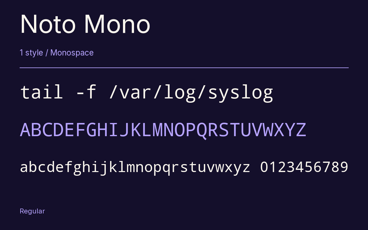 Noto Mono type specimen with letters and figures