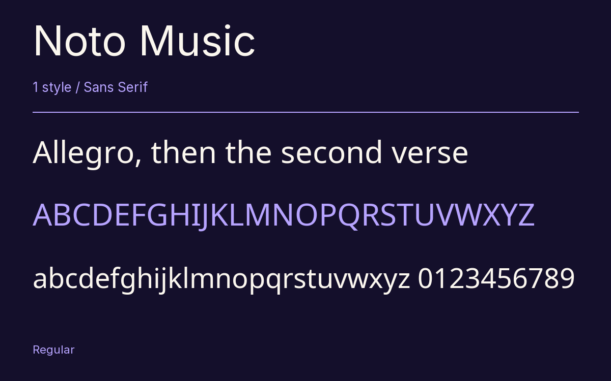 Noto Music type specimen with letters and figures