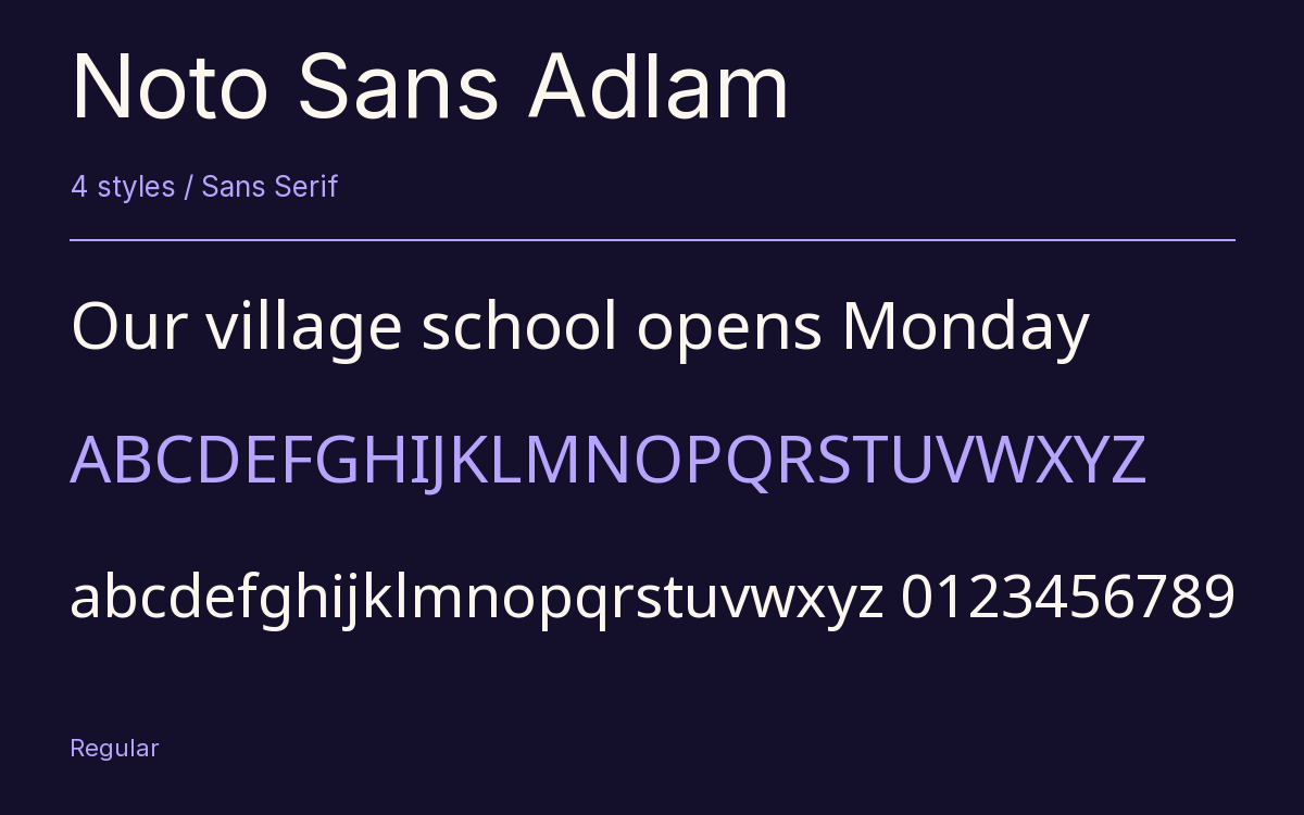Noto Sans Adlam type specimen with letters and figures