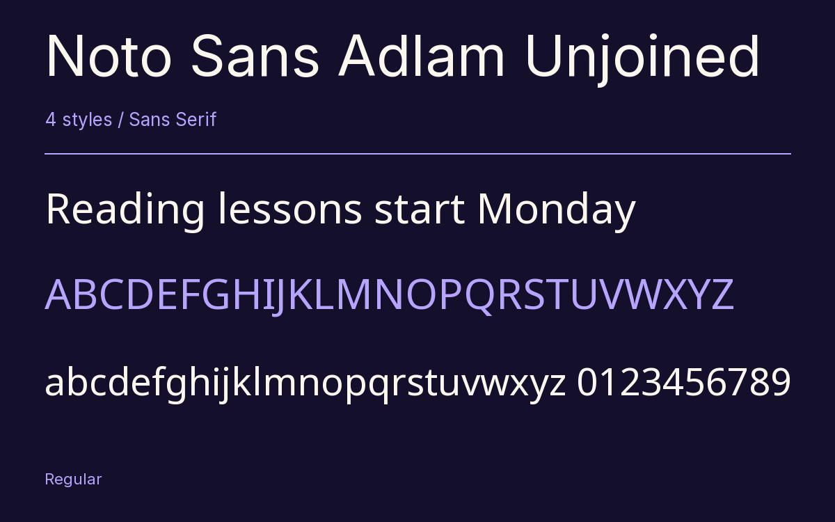 Noto Sans Adlam Unjoined type specimen with letters and figures