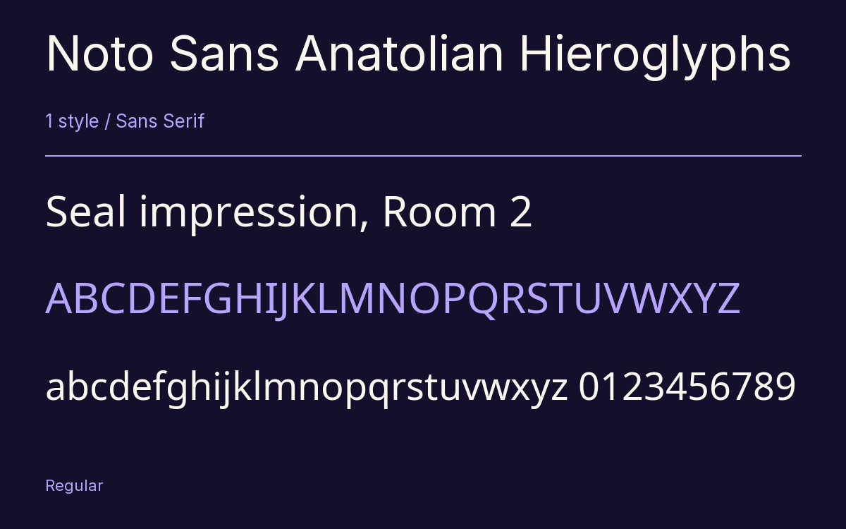 Noto Sans Anatolian Hieroglyphs type specimen with letters and figures