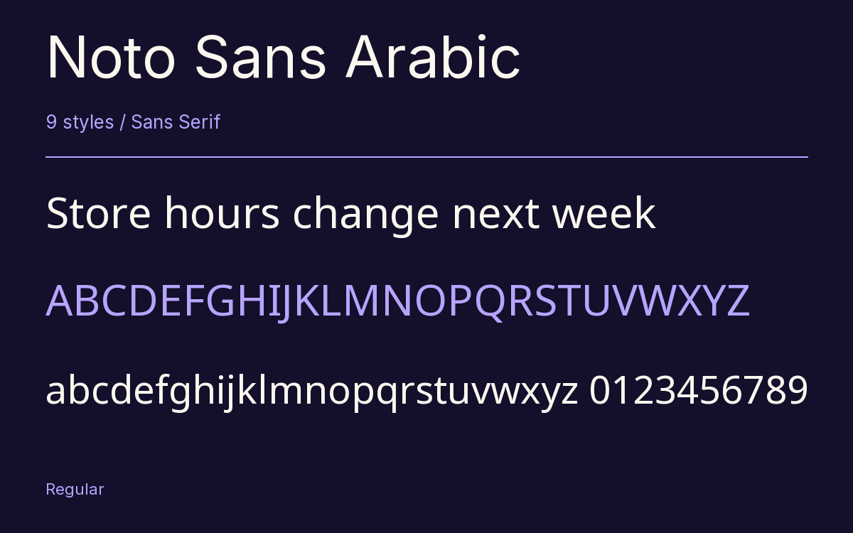 Noto Sans Arabic type specimen with letters and figures