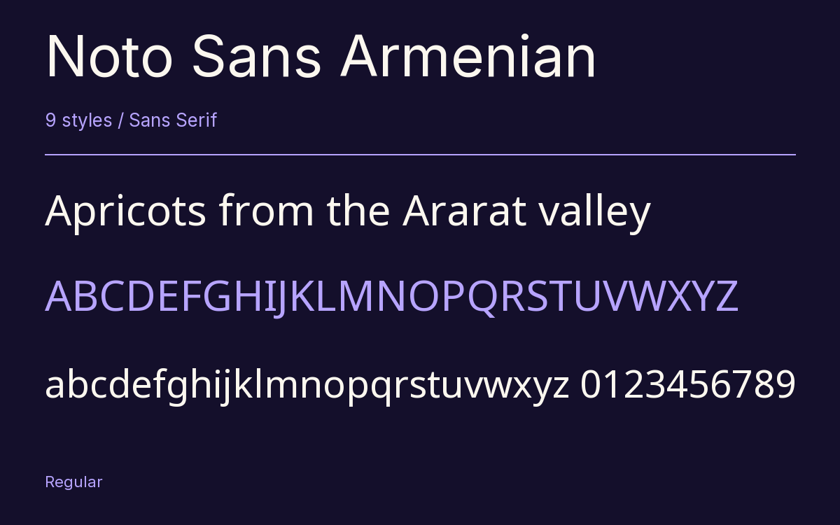 Noto Sans Armenian type specimen with letters and figures