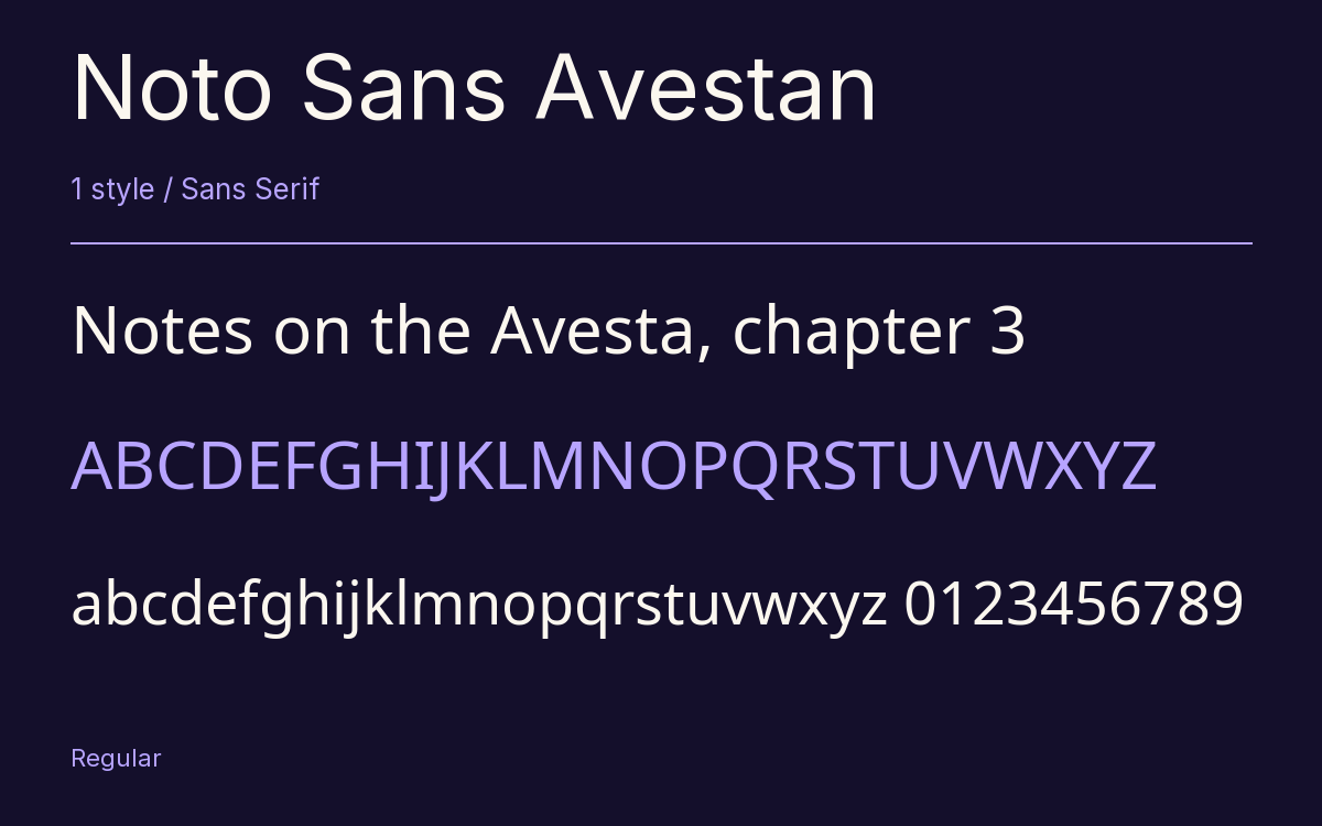 Noto Sans Avestan type specimen with letters and figures