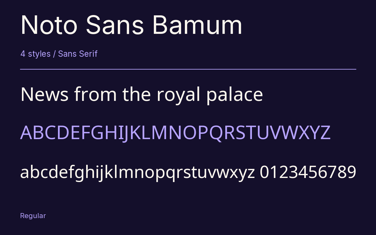 Noto Sans Bamum type specimen with letters and figures