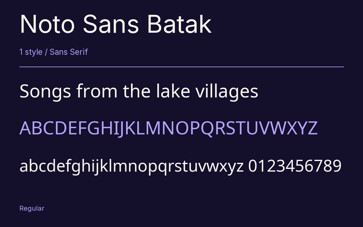 Noto Sans Batak type specimen with letters and figures