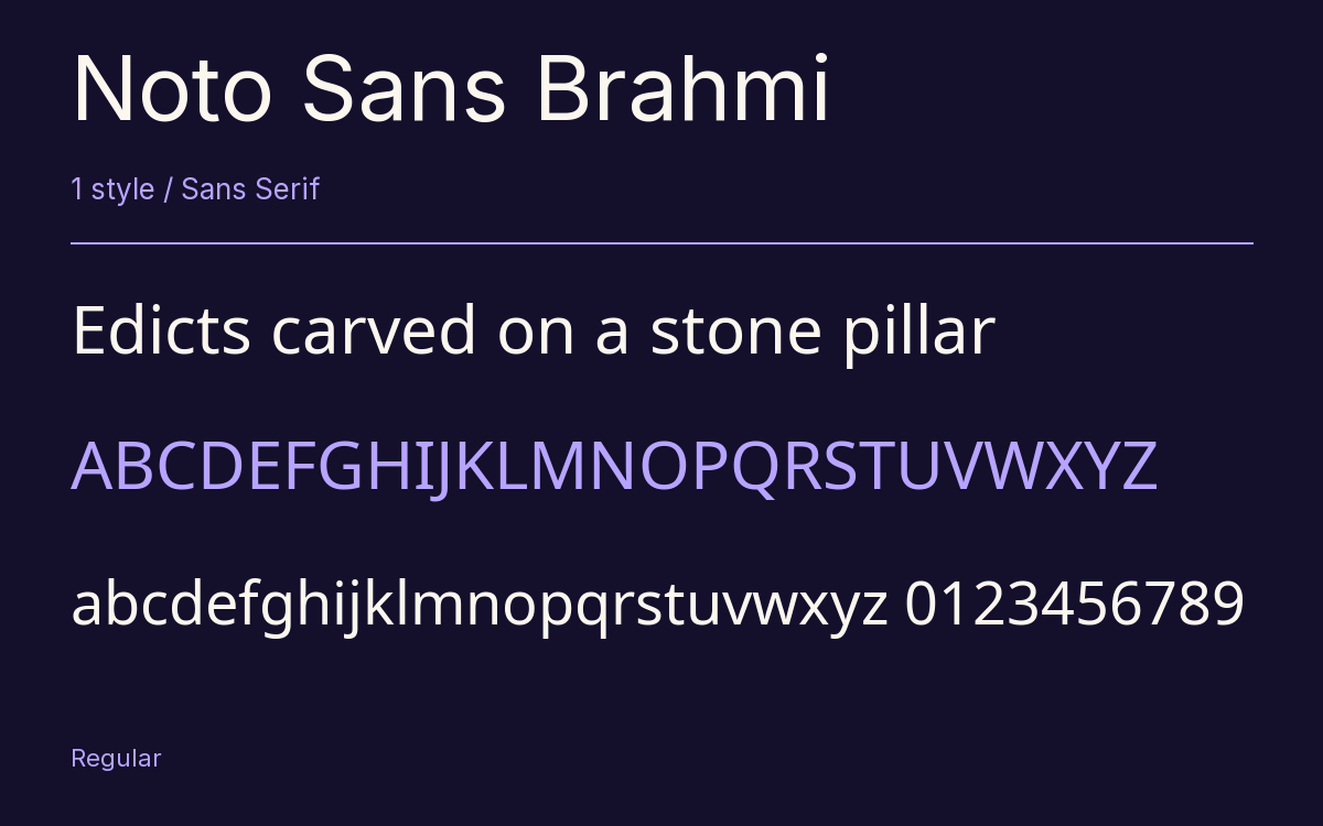 Noto Sans Brahmi type specimen with letters and figures