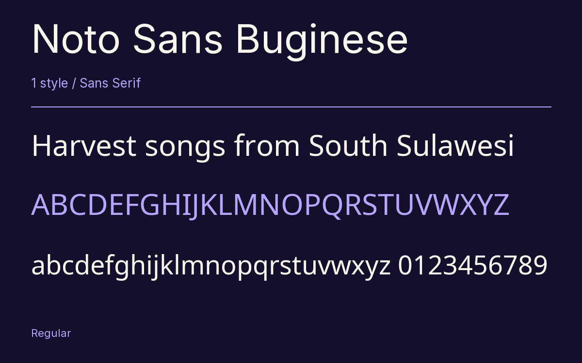 Noto Sans Buginese type specimen with letters and figures