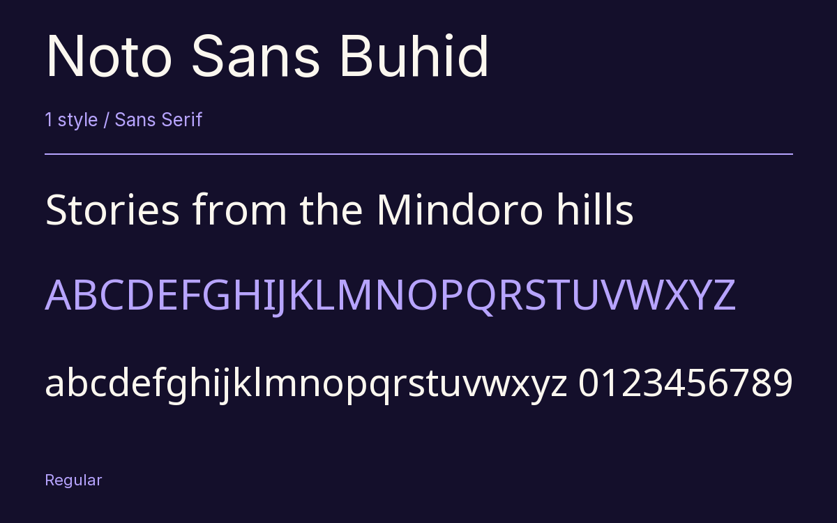 Noto Sans Buhid type specimen with letters and figures