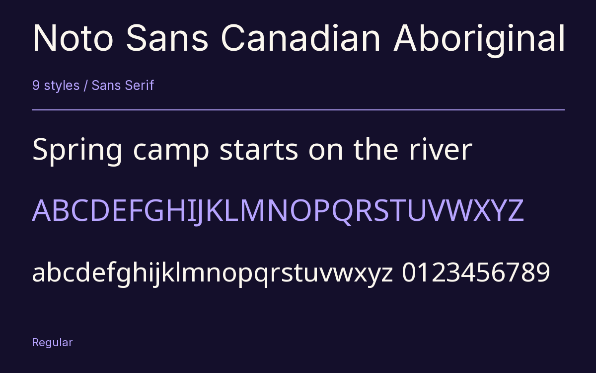 Noto Sans Canadian Aboriginal type specimen with letters and figures