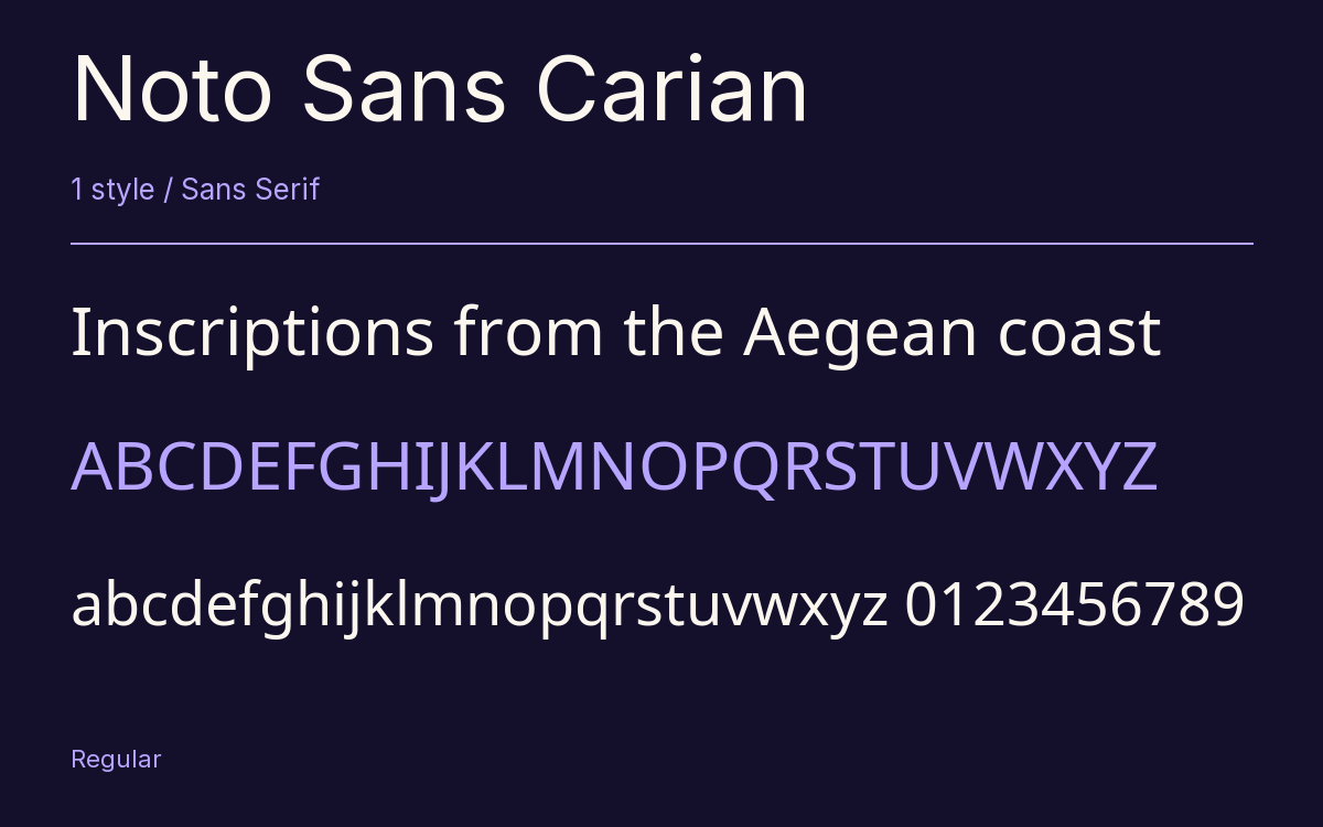 Noto Sans Carian type specimen with letters and figures