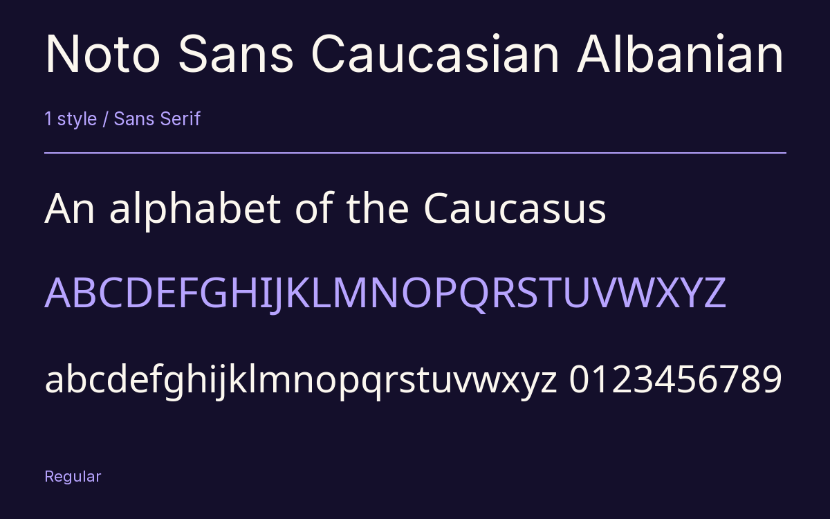 Noto Sans Caucasian Albanian type specimen with letters and figures