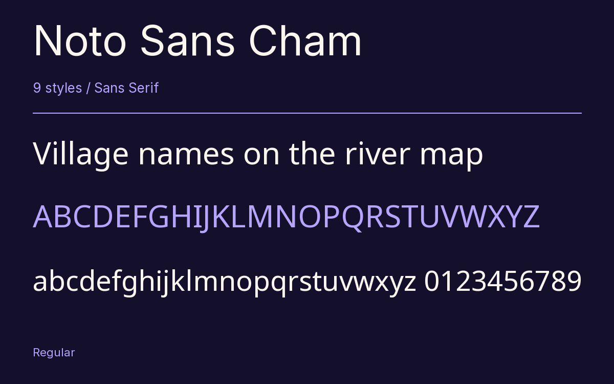 Noto Sans Cham type specimen with letters and figures