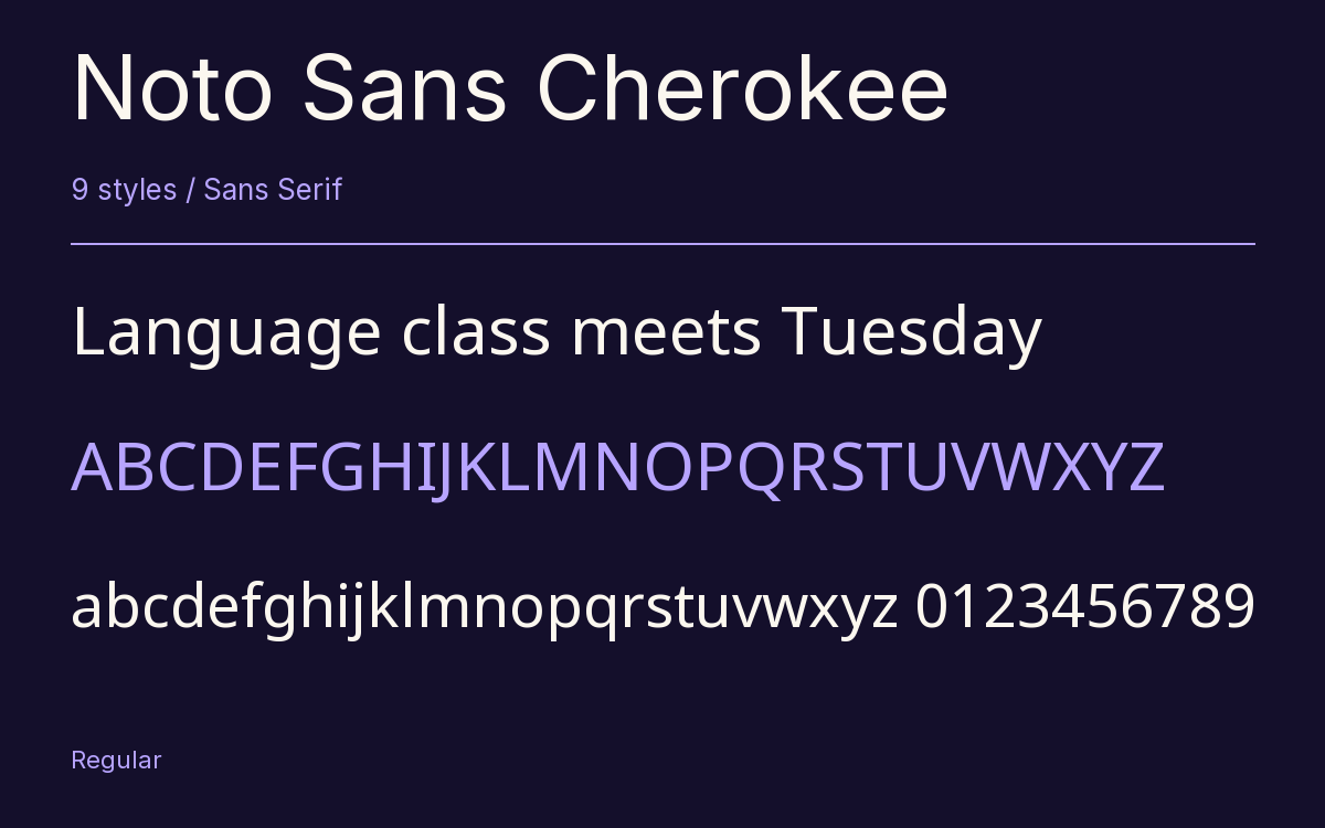 Noto Sans Cherokee type specimen with letters and figures