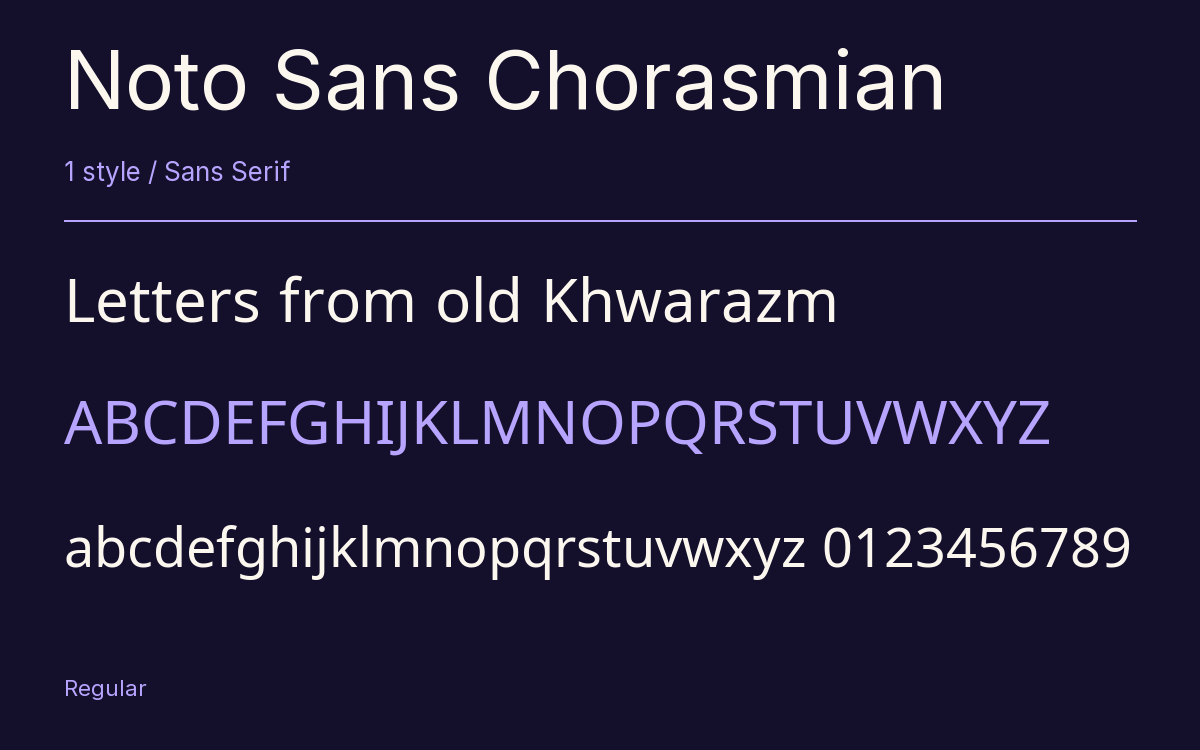Noto Sans Chorasmian type specimen with letters and figures