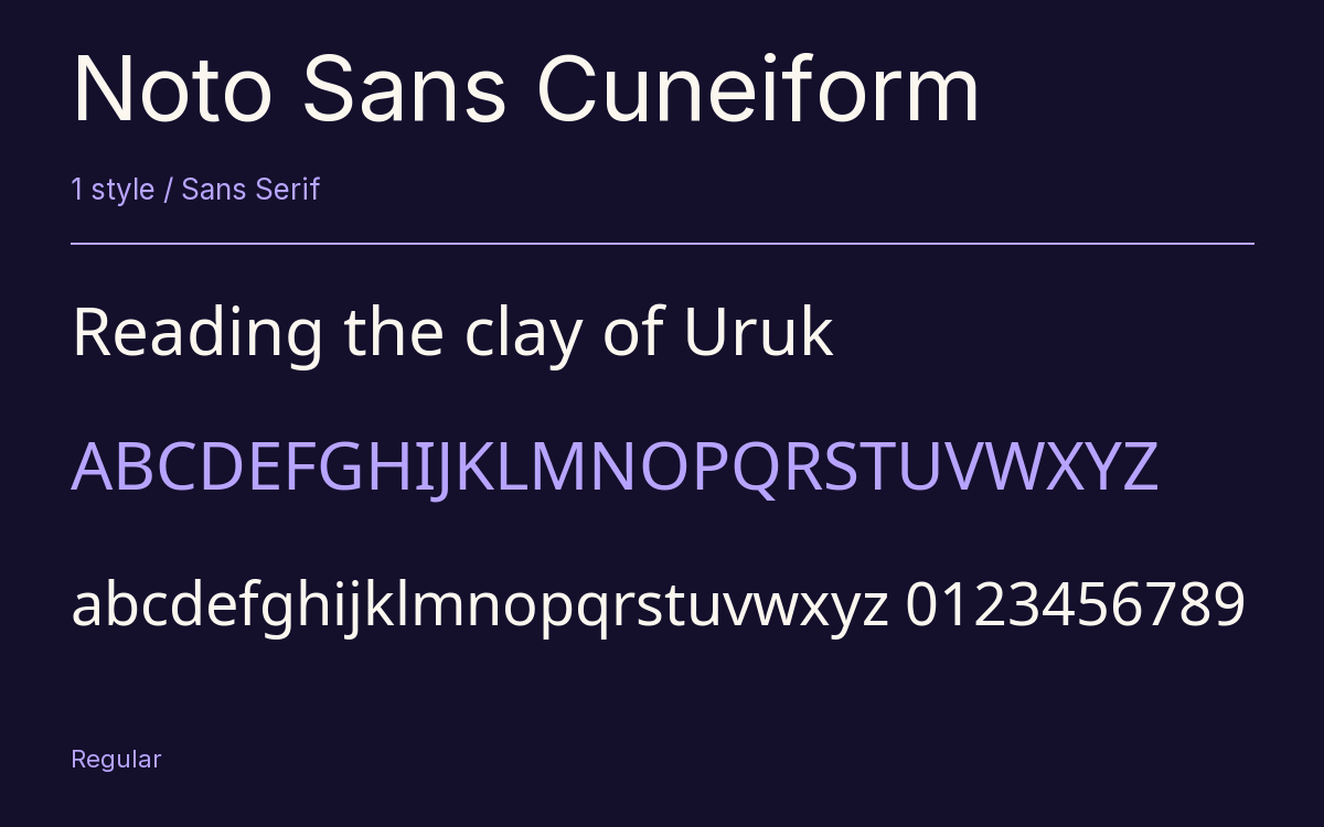 Noto Sans Cuneiform type specimen with letters and figures
