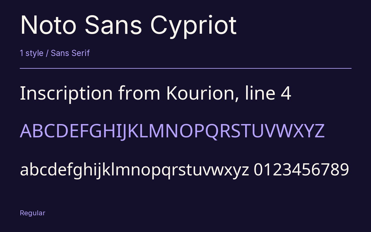 Noto Sans Cypriot type specimen with letters and figures